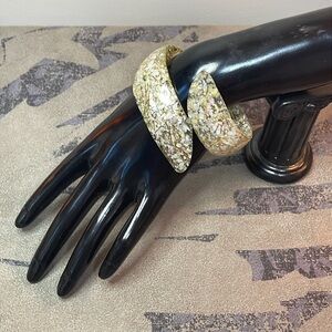 Vintage Gold and White Confetti Lucite Bypass Hinged Bracelet